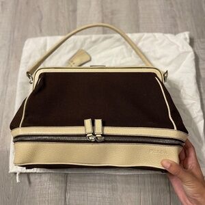 Prada Canvas Leather Frame Doctor Bag Satchel Brown Cream